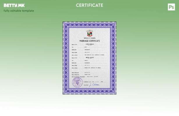 модерен стил Панама шаблон за PSD шаблон за потврда за брак